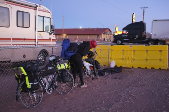 Sleeping behind the shelter of some barricades and next to a nice couple in an RV at a truck stop in Van Horn, Texas