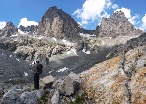 Ouch, my IT Band hurts! But wait. What's this? My love and I on the Sierra High Route, ensconced by mountains? Yes, please!